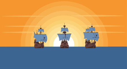 Three historical wooden sailing ships navigate the calm ocean towards a vibrant, setting sun.