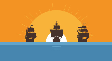 Three historic sailing ships silhouetted against a vibrant orange sunrise over the calm ocean.