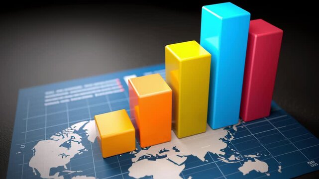 Colorful 3D bar chart and graph on world map background showing global business data comparison, finance growth, and vibrant analysis in modern style