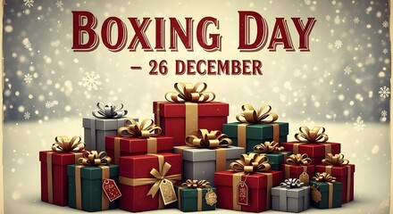 Festive Boxing Day - 26 December with pile of gift boxes
