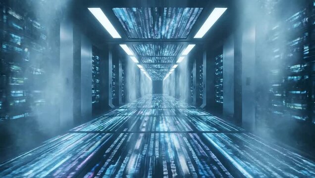 Futuristic Data Center Hallway Visualizing Information Flow