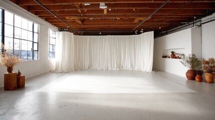 Empty  space with white curtains and terracotta pottery.