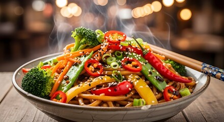 Steaming stir-fry noodle dish with vegetables and chopsticks