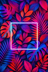Tropical Neon Foliage with Glowing Square Frame