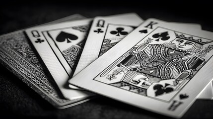 A striking monochrome shot showcases a hand of playing cards including a King of Spades and Queen of Spades among others, hinting at game of chance or skill.