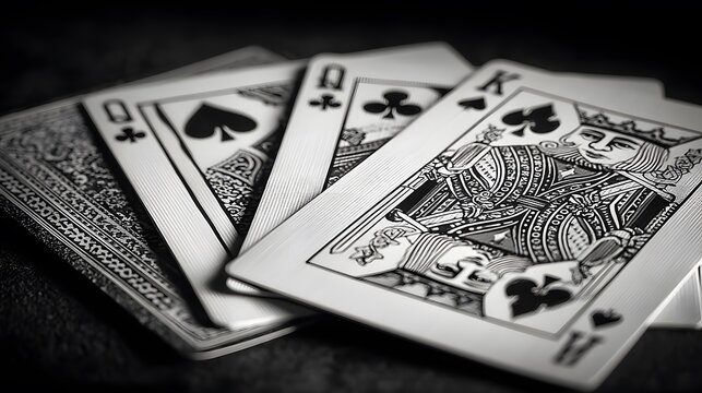 A striking monochrome shot showcases a hand of playing cards including a King of Spades and Queen of Spades among others, hinting at game of chance or skill.