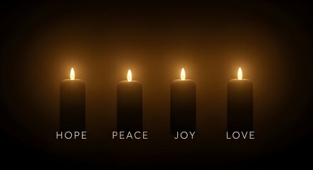 Advent candles with words Hope, Peace, Joy, Love on dark background