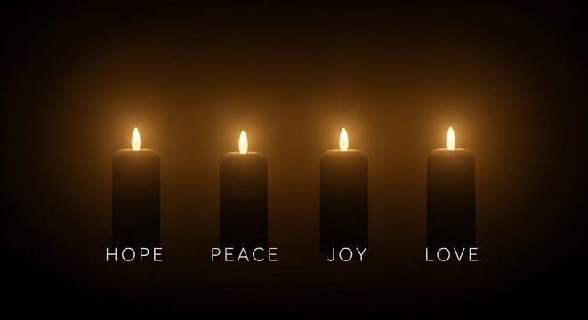 Advent candles with words Hope, Peace, Joy, Love on dark background
