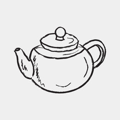 Hand-drawn sketch of a teapot with a rounded body and a lid, a classic illustration for tea time themes. Vector sketch illustration in vintage style. Tea preparation, cafe menu, hot beverage