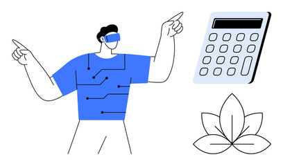Man wearing VR headset pointing, digital circuits on shirt, calculator beside, minimalistic leaf below. Ideal for technology, finance, sustainability, innovation, modern design creativity simple