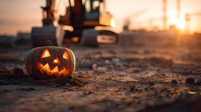 A glowing Halloween pumpkin sits on dusty sand at a construction site during sunset—blending festive warmth with gritty industrial textures. - Powered by Adobe