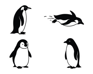Naklejka premium Four hand drawn black and white illustrations of penguins in different poses including standing swimming and waving