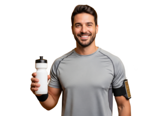 Smiling athletic man holding water bottle ready for workout fitness training health isolated on transparent background