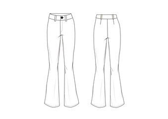 Woman Flare Pant With Button, Fashion Sketch Template Front & Back Technical Draw  Fashion Illustration