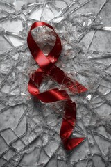 Shattered glass reveals red ribbon symbolizing resilience and strength in overcoming life's challenges