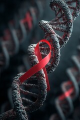 Stylized 3D render of a DNA strand intertwined with a red ribbon representing medical symbolism and health awareness