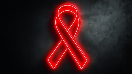 Neon sign of red ribbon illuminating dark background for nighttime awareness campaign in urban setting