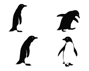 Naklejka premium Four distinct penguin silhouettes in various poses on a clean white background showcasing different movements and stances