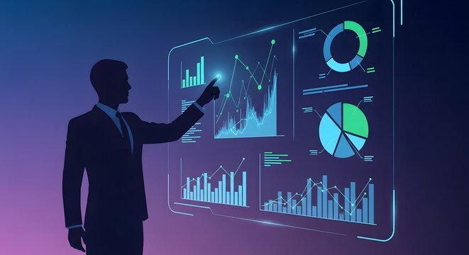 A businessman in a suit points to a futuristic holographic display showing various financial charts and graphs.