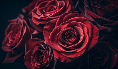 This photograph features a close-up of a bouquet of deep red roses, with petals tightly clustered and velvety in texture. The roses are in full bloom, their rich hues illuminated by soft, directional 