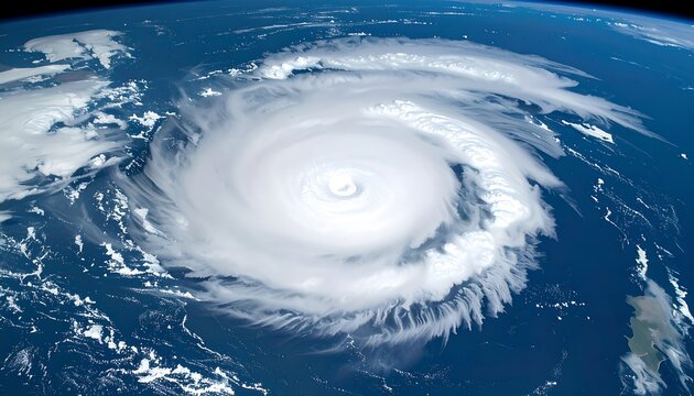 A swirling, powerful storm system over a deep blue ocean, viewed from space