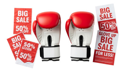 Boxing gloves and sale flyers promoting discounts for boxing equipment in a vibrant display