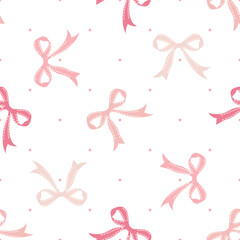 Cute coquette vector seamless pattern pink ribbon bow and polka dots background. Pink white preppy feminine romantic backdrop for textile, fabric, wallpaper, wrapping. Tossed repeat baby girl nursery