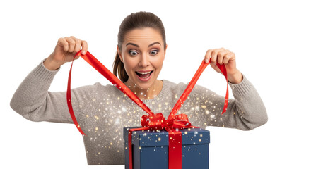 Excitement fills the room as a woman opens a beautifully wrapped gift on a special occasion