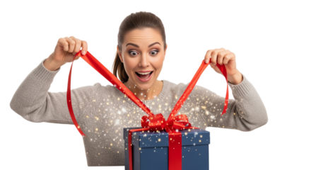 Excitement fills the room as a woman opens a beautifully wrapped gift on a special occasion