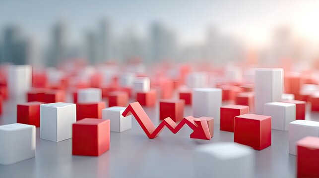 Dramatic Red Arrow Descending Over Red and White 3D Bar Graph with Cityscape Background Financial Crisis Visualization