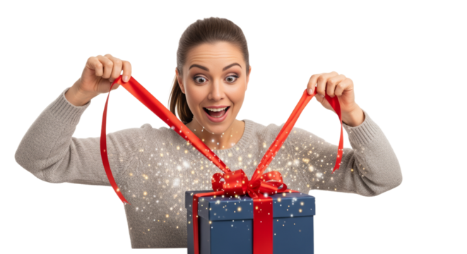 Excitement fills the room as a woman opens a beautifully wrapped gift on a special occasion - Powered by Adobe