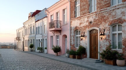 Old European Street with Pink and White Buildings on Cobblestone Street in HDR Architecture Photo at Sunset with Flower Pots and Classic Architecture