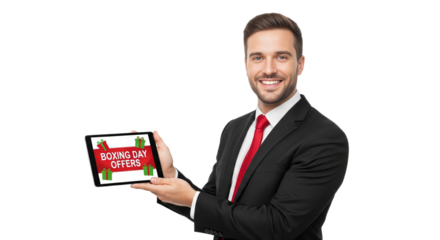 Man in black suit showcases special offers on tablet for Boxing Day promotion