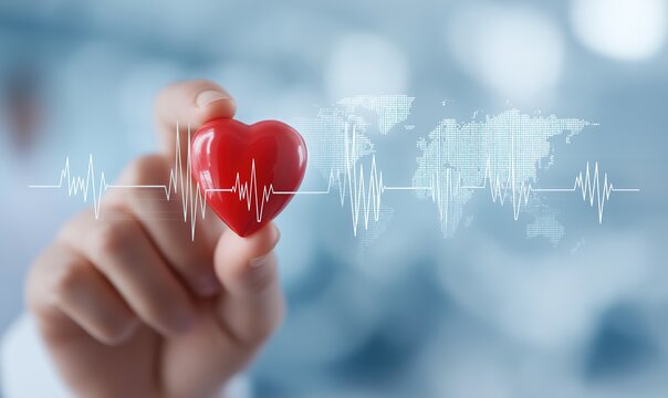 Red heart symbol held by doctor over world map with pulse lines on light blue abstract background for health monitoring and global care concepts. - Powered by Adobe