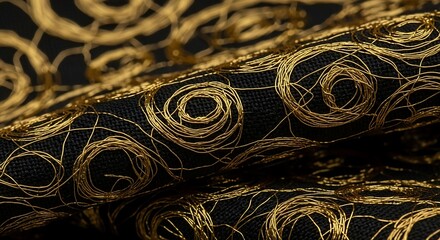Close-up of black fabric with gold swirling thread embroidery, showing texture and drape