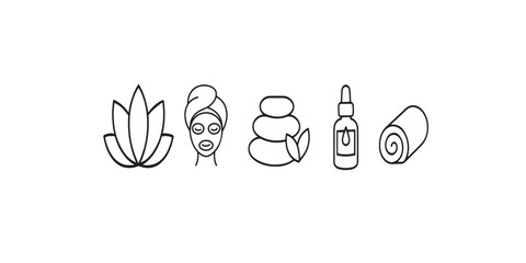 Fototapeta premium Print Elegant beauty spa vector set – lotus flower, face mask, hot stones, aroma oil, towel – clean modern line icons, isolated on white background