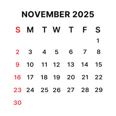 November 2025 calendar on white background