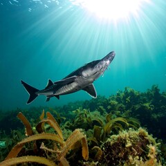 Fototapeta premium Underwater shark in kelp forest