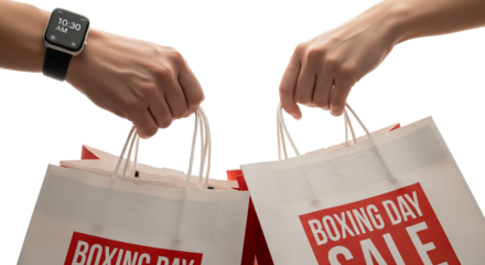 Person carrying white shopping bags displaying Boxing Day Sale after shopping at 10 30 AM