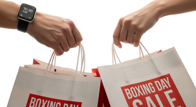 Person carrying white shopping bags displaying Boxing Day Sale after shopping at 10 30 AM