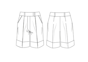Woman Basic Chino Bermuda Short Fashion Sketch Template Front & Back Technical Draw  Fashion Illustration