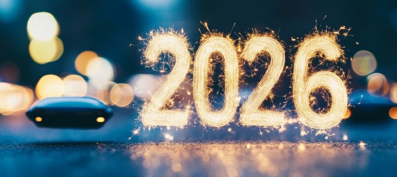 Futuristic Cityscape Featuring Glowing 2026 Sparklers, Floating Cars, and a Colorful Bokeh Glow
