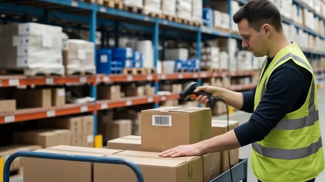 Man scans barcode on cardboard box in warehouse with stock on shelves, inventory management process footage.