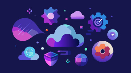 Abstract digital art with clouds gears and geometric shapes cloud computing, technology, digital art, abstract, geometric, illustration, design, modern, concept, network, data, storage, software