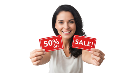 Smiling woman shows discount signs during a sale event, promoting a limited-time offer at a store