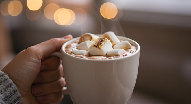 A hand holding a hot chocolate with marshmallows