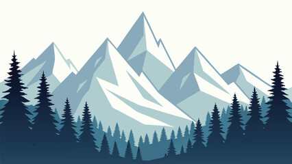 Abstract art shows majestic polygonal mountains shrouded by dense evergreen trees in cool shades