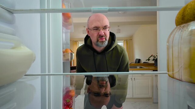 Man opening fridge and crying in frustration while seeing no food, view from inside of fridge. Male overwhelmed by hunger and sadness while looking at empty shelves. Guy wiping tears with distressed