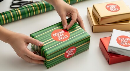 Hands wrapping gifts in colorful paper for Boxing Day sales at a bright table setting during the holiday season