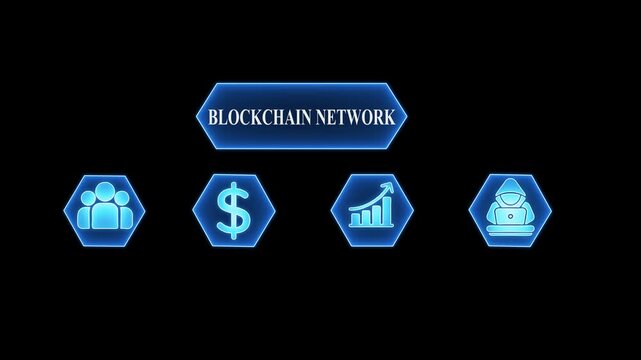 Blockchain Network Icons People Dollar Sign Growth Chart Hacker Laptop Digital Technology Concept Futuristic Blue Neon Glow Hexagons Black Background
